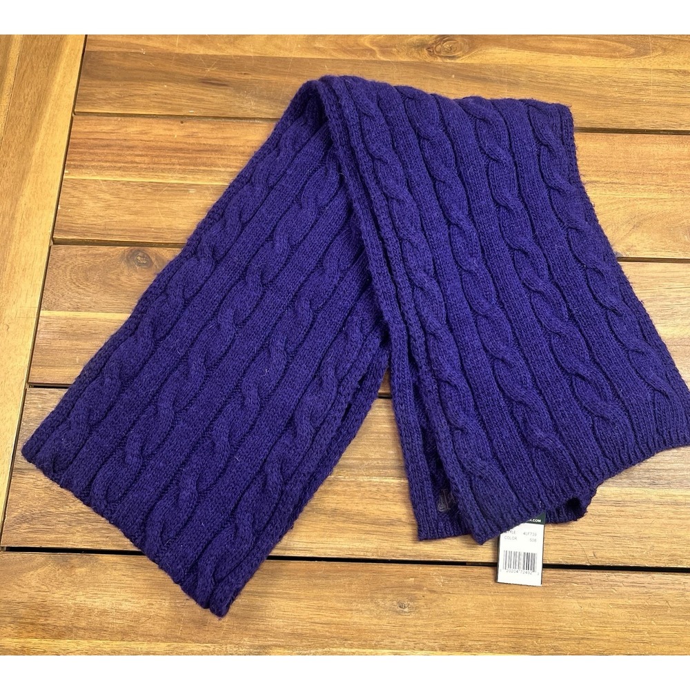 Lauren Ralph Lauren Purple Ribbed Cable Knit Scarf NWT Soft Wool Blend Logo